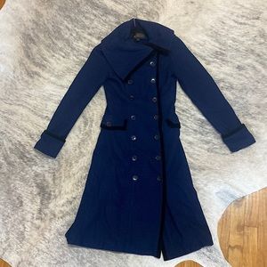 Long, Double-Breasted Wool Navy Blue Coat with Black Trim